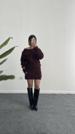 Sofia Kayık Yaka Yün Elbise - Bordo - Görsel 4