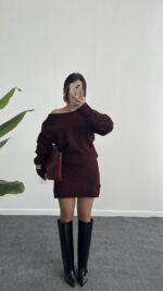 Sofia Kayık Yaka Yün Elbise - Bordo - Görsel 2