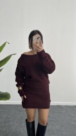 Sofia Kayık Yaka Yün Elbise - Bordo - Görsel 5