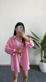 Star Pamuk Keten Gömlek - Pembe - Görsel 3