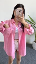 Star Pamuk Keten Gömlek - Pembe - Görsel 5