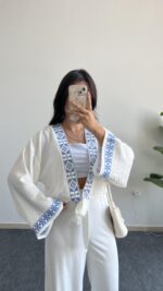 Tiris Nakışlı Kimono Bluz - Beyaz - Görsel 2