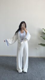 Tiris Nakışlı Kimono Bluz - Beyaz - Görsel 5