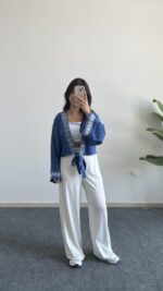 Tiris Nakışlı Kimono Bluz - Lacivert - Görsel 2