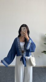 Tiris Nakışlı Kimono Bluz - Lacivert - Görsel 5