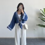 Tiris Nakışlı Kimono Bluz - Lacivert