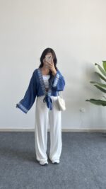 Tiris Nakışlı Kimono Bluz - Lacivert