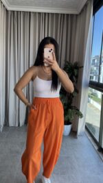 Turuncu Balon Model Keten Pantolon - Görsel 4