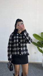 Veleni Baklava Desen Triko Hırka - Siyah