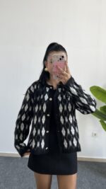 Veleni Baklava Desen Triko Hırka - Siyah - Görsel 2