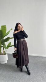 Veny Asimetrik Tül Etek - Kahve - Görsel 8