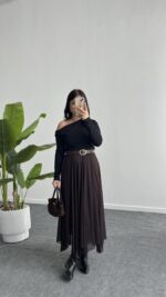 Veny Asimetrik Tül Etek - Kahve