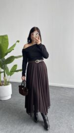 Veny Asimetrik Tül Etek - Kahve - Görsel 4