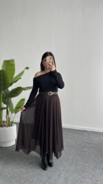 Veny Asimetrik Tül Etek - Kahve - Görsel 6