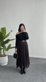 Veny Asimetrik Tül Etek - Kahve - Görsel 2