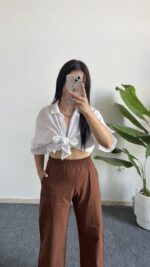 Vole Keten Pantolon - Kahve - Görsel 4