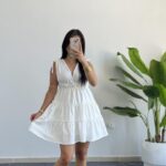 Weras Büzgülü Keten Elbise - Beyaz