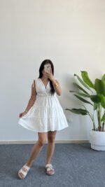 Weras Büzgülü Keten Elbise - Beyaz