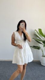 Weras Büzgülü Keten Elbise - Beyaz - Görsel 3