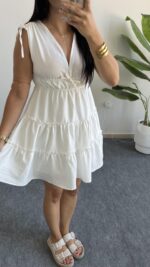 Weras Büzgülü Keten Elbise - Beyaz - Görsel 5