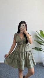 Weras Büzgülü Keten Elbise - Haki - Görsel 4