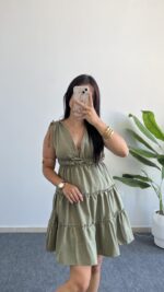 Weras Büzgülü Keten Elbise - Haki - Görsel 2