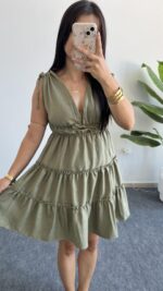 Weras Büzgülü Keten Elbise - Haki - Görsel 3