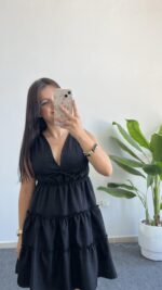 Weras Büzgülü Keten Elbise - Siyah - Görsel 3