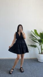 Weras Büzgülü Keten Elbise - Siyah