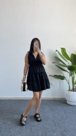 Weras Büzgülü Keten Elbise - Siyah - Görsel 8