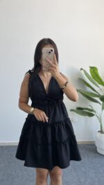 Weras Büzgülü Keten Elbise - Siyah - Görsel 7