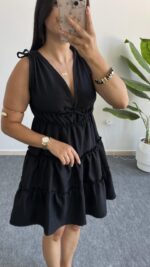 Weras Büzgülü Keten Elbise - Siyah - Görsel 5