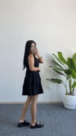 Weras Büzgülü Keten Elbise - Siyah - Görsel 4