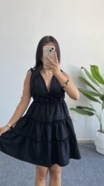 Weras Büzgülü Keten Elbise - Siyah - Görsel 2