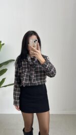 Yakası Fularlı Ekose Gömlek - Antrasit - Görsel 5