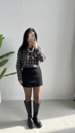 Yakası Fularlı Ekose Gömlek - Antrasit - Görsel 2