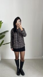 Yakası Fularlı Ekose Gömlek - Antrasit - Görsel 6