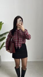 Yakası Fularlı Ekose Gömlek - Bordo - Görsel 4