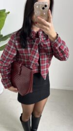 Yakası Fularlı Ekose Gömlek - Bordo - Görsel 3