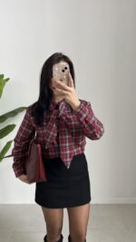 Yakası Fularlı Ekose Gömlek - Bordo