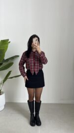 Yakası Fularlı Ekose Gömlek - Bordo - Görsel 8