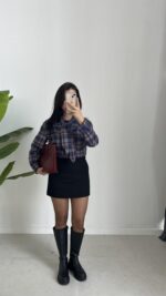 Yakası Fularlı Ekose Gömlek - Lacivert - Görsel 6