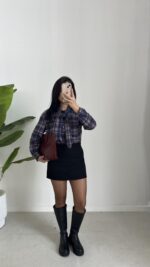 Yakası Fularlı Ekose Gömlek - Lacivert - Görsel 4