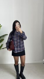 Yakası Fularlı Ekose Gömlek - Lacivert - Görsel 7