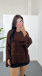 Yırtmaçlı Çelik Triko - Kahverengi - Görsel 4