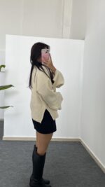 Yırtmaçlı Çelik Triko - Krem - Görsel 4