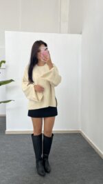 Yırtmaçlı Çelik Triko - Krem - Görsel 5