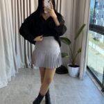 Yonca Gri Pileli Etek