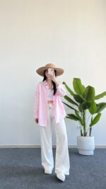 Yonca Keten Gömlek - Pembe - Görsel 3