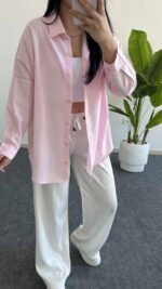 Yonca Keten Gömlek - Pembe - Görsel 4